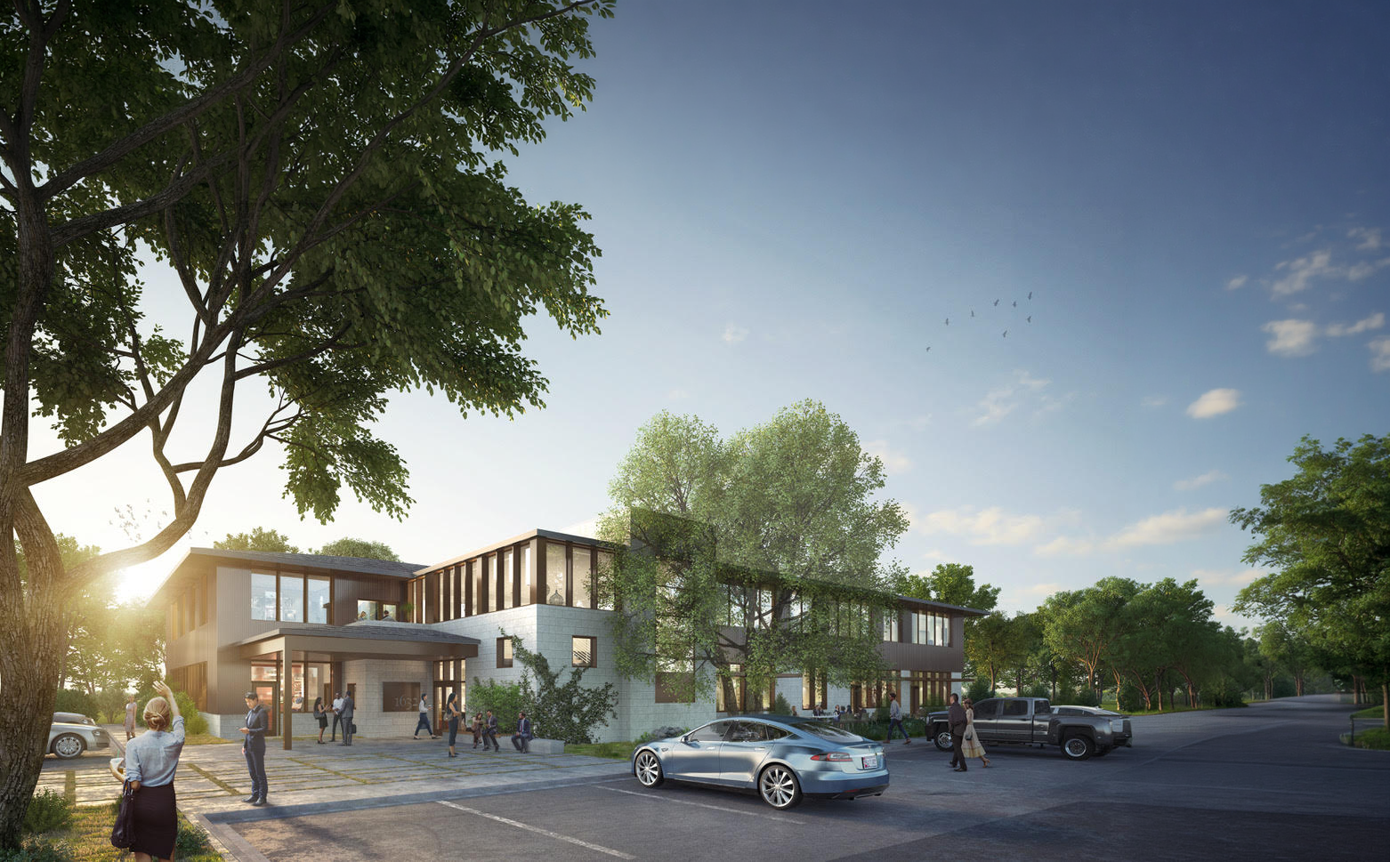 Architectural rendering of Greyrock Commons mixed-use development at sunset, featuring modern two-story facade with wood accents, landscaped grounds, and pedestrian-friendly entry, Austin TX